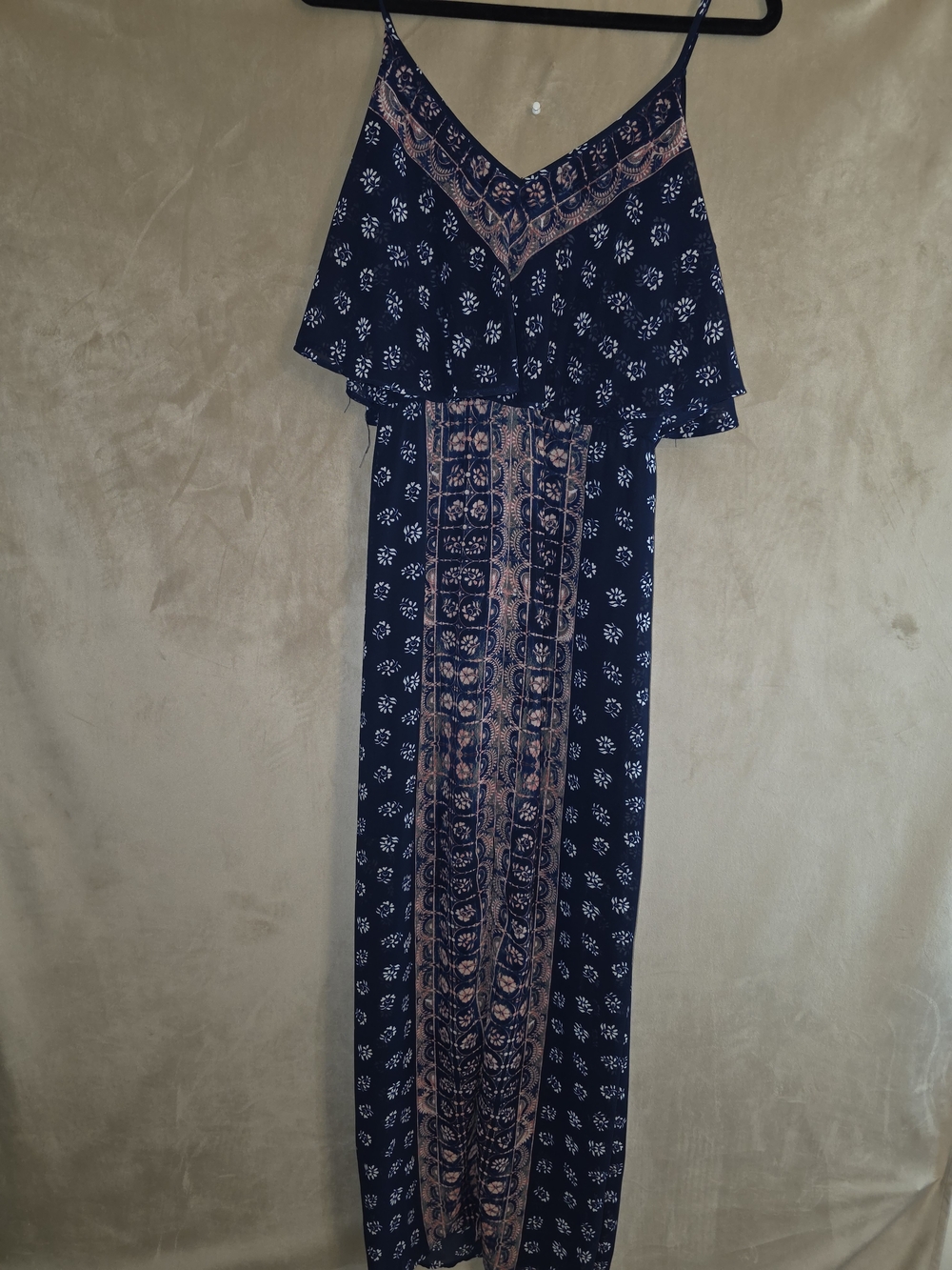 Express Navy Blue Printed Maxi Dress with Rust Accents